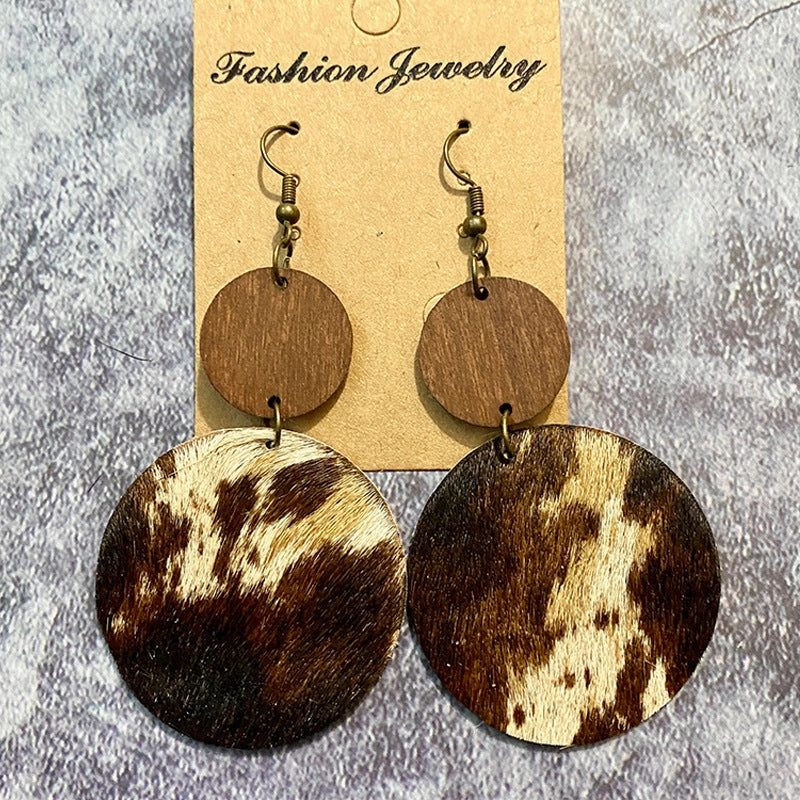 Wholesale Vintage Western Wood Genuine Leather Horse Hair Stitching Earrings