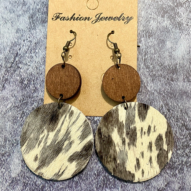 Wholesale Vintage Western Wood Genuine Leather Horse Hair Stitching Earrings