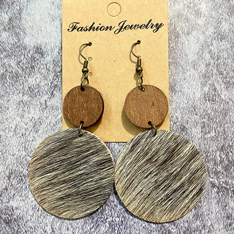 Wholesale Vintage Western Wood Genuine Leather Horse Hair Stitching Earrings