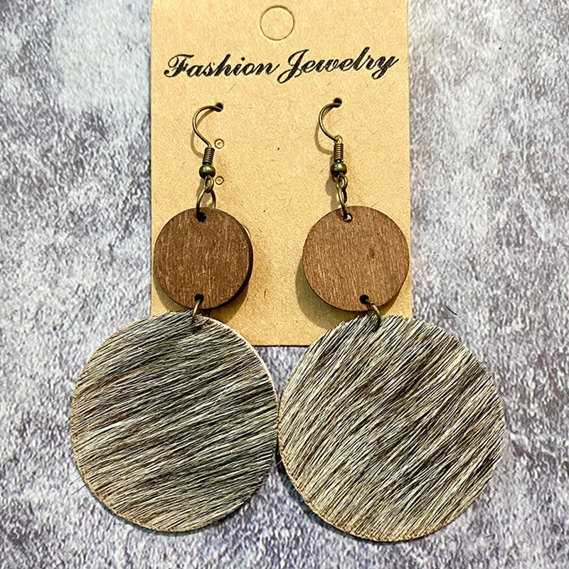 Wholesale Vintage Western Wood Genuine Leather Horse Hair Stitching Earrings