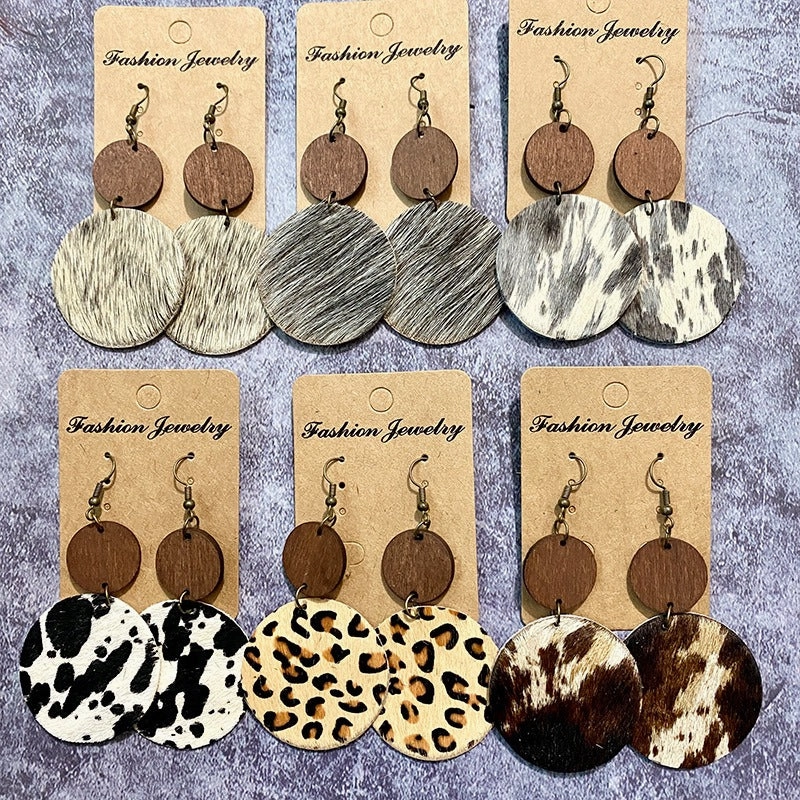 Wholesale Vintage Western Wood Genuine Leather Horse Hair Stitching Earrings