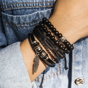 Wholesale Vintage Wood Beads Men's Hip Hop Leather Bracelet