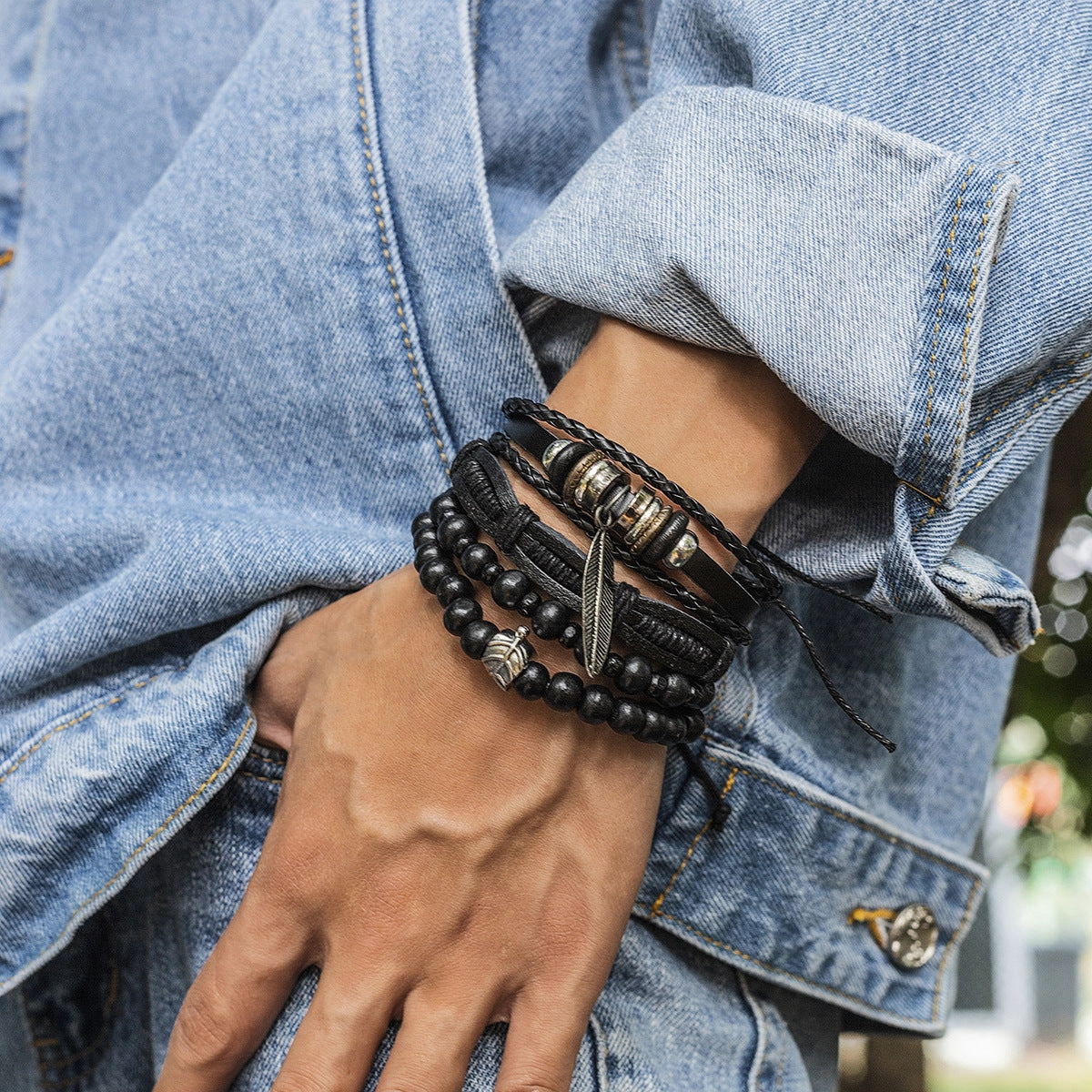 Wholesale Vintage Wood Beads Men's Hip Hop Leather Bracelet