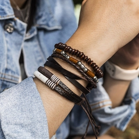 Wholesale Vintage Wood Beads PU Men's Bracelet