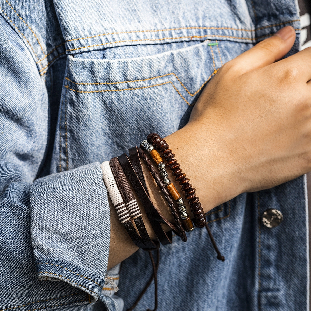 Wholesale Vintage Wood Beads PU Men's Bracelet