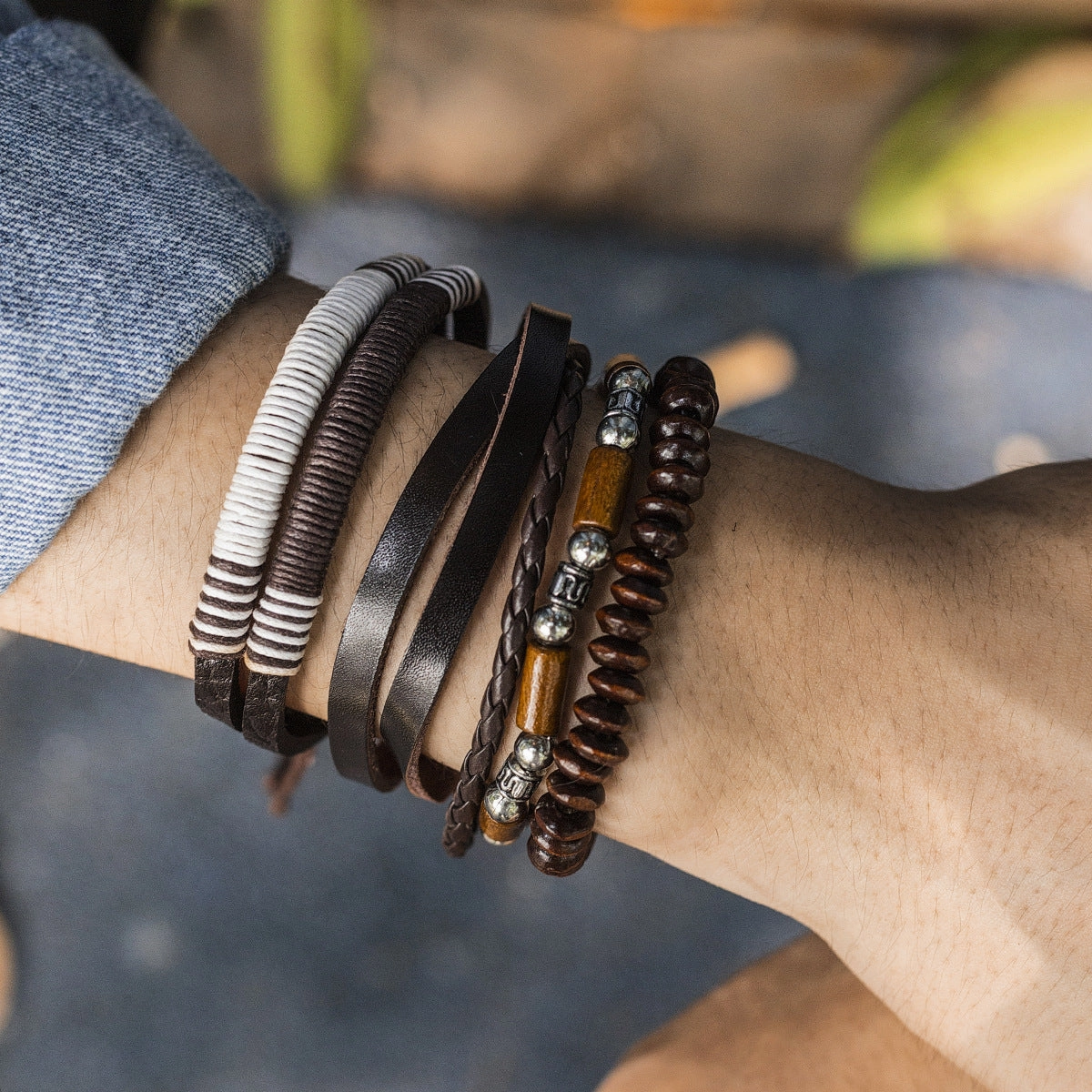 Wholesale Vintage Wood Beads PU Men's Bracelet
