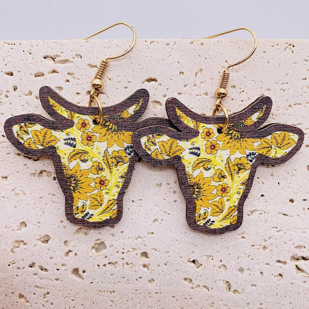 Wholesale Vintage Wooden Western Bullhead Sunflower Bohemian Earrings