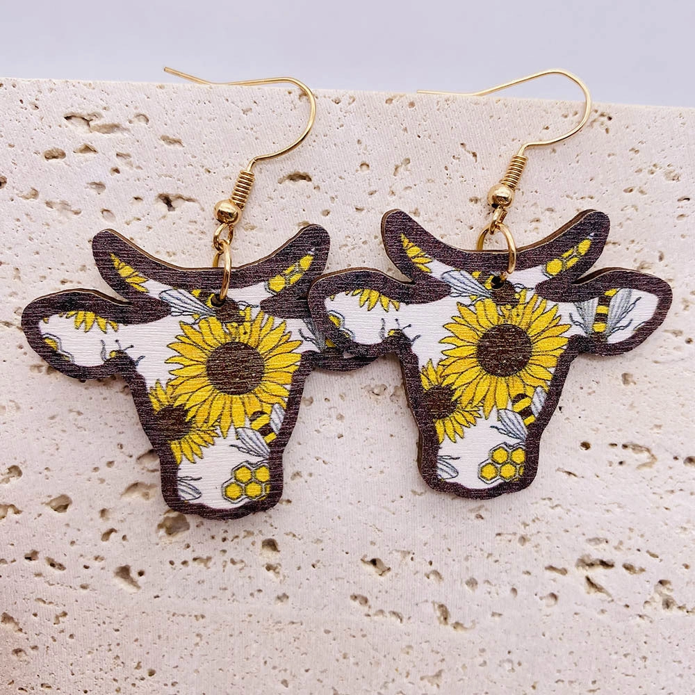 Wholesale Vintage Wooden Western Bullhead Sunflower Bohemian Earrings
