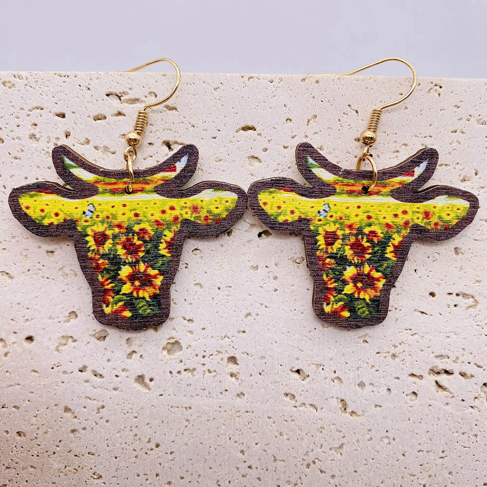 Wholesale Vintage Wooden Western Bullhead Sunflower Bohemian Earrings