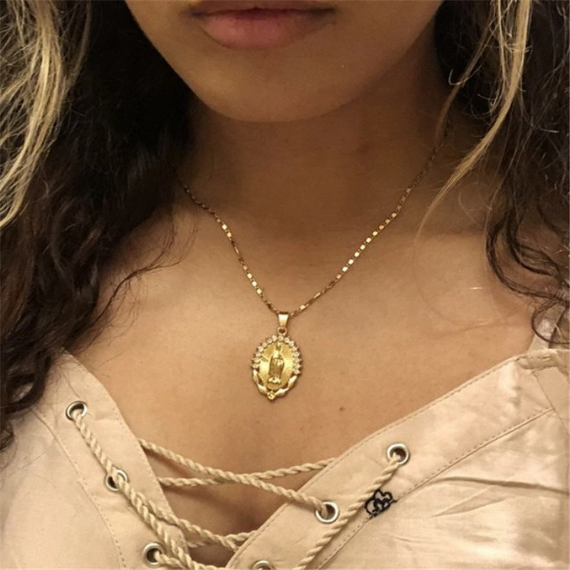 Wholesale Virgin Mary Diamond Religious Totem Pendant Necklace