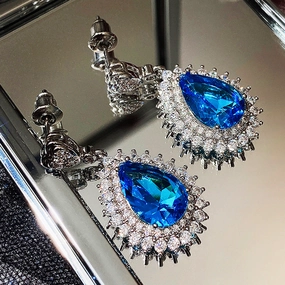Wholesale Water Drop Blue Zircon Blue Gemstone Earrings