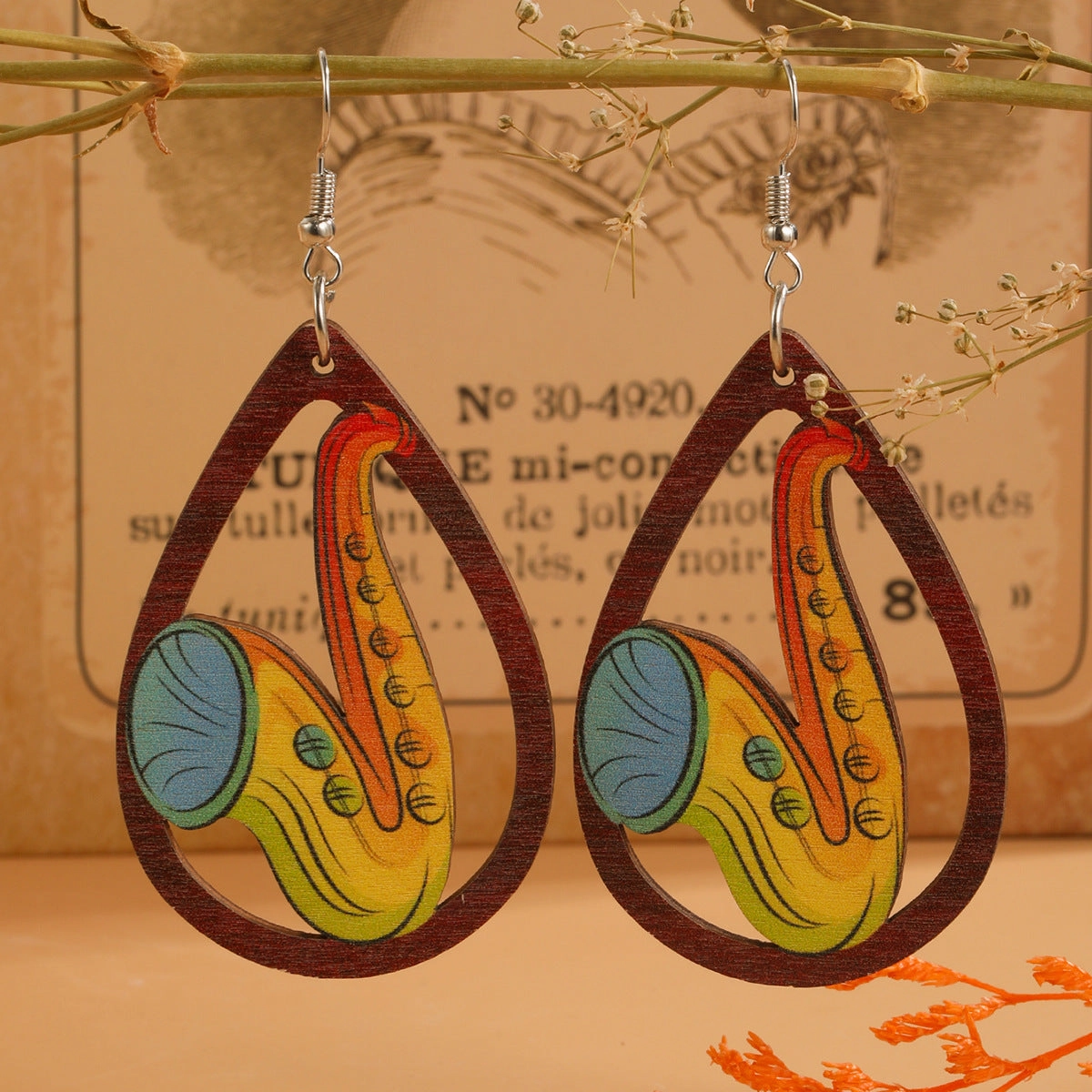 Wholesale Water Drop Cutout Guitar Harp Accordion Print Wooden Earrings