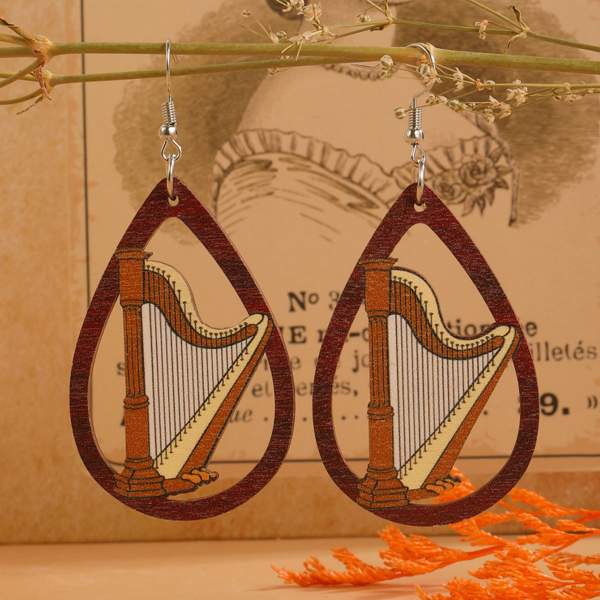 Wholesale Water Drop Cutout Guitar Harp Accordion Print Wooden Earrings