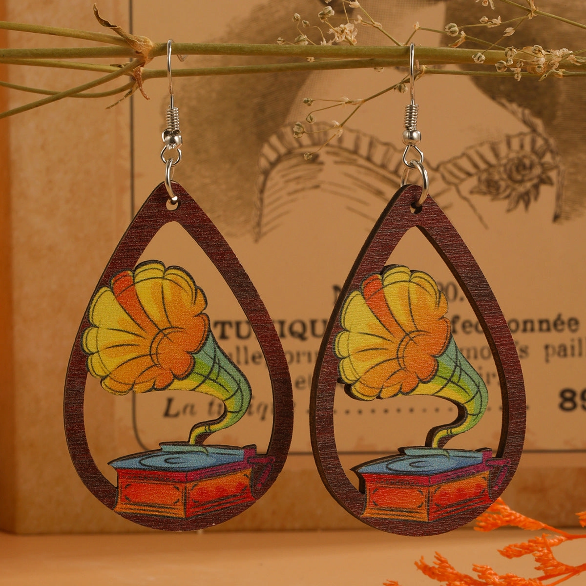 Wholesale Water Drop Cutout Guitar Harp Accordion Print Wooden Earrings