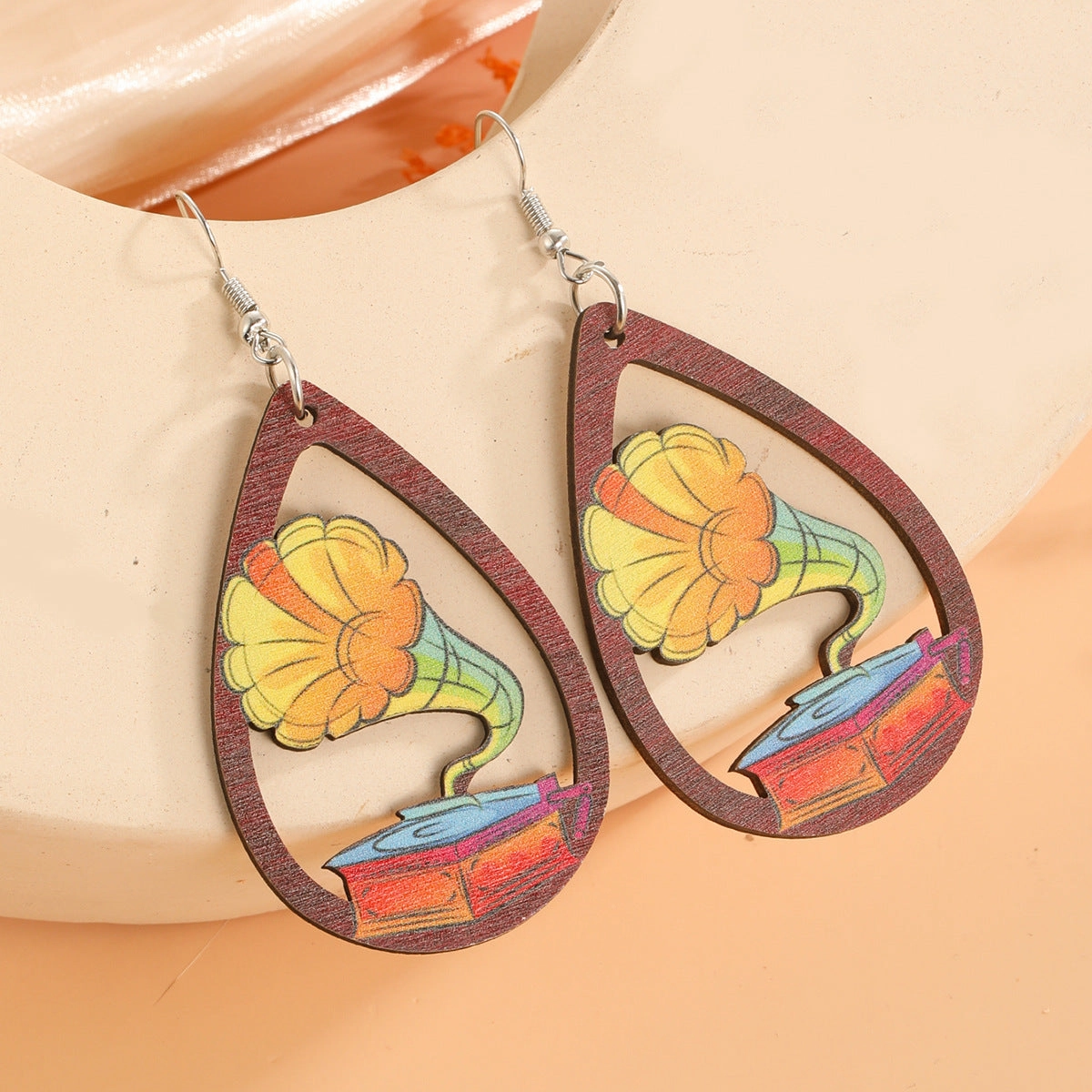 Wholesale Water Drop Cutout Guitar Harp Accordion Print Wooden Earrings