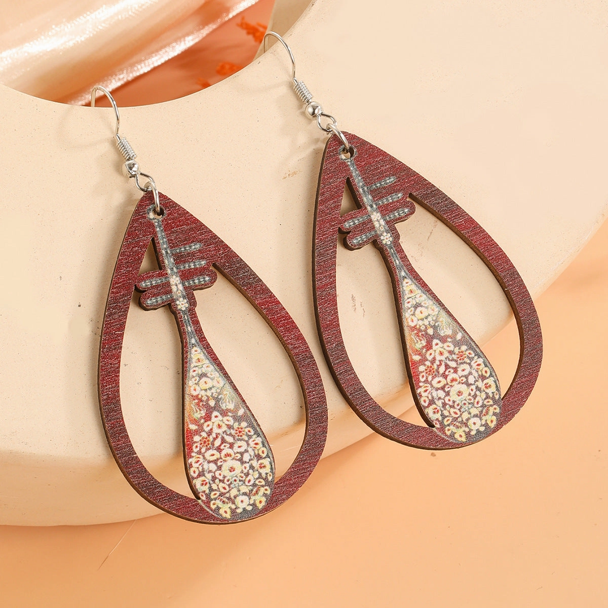 Wholesale Water Drop Cutout Guitar Harp Accordion Print Wooden Earrings