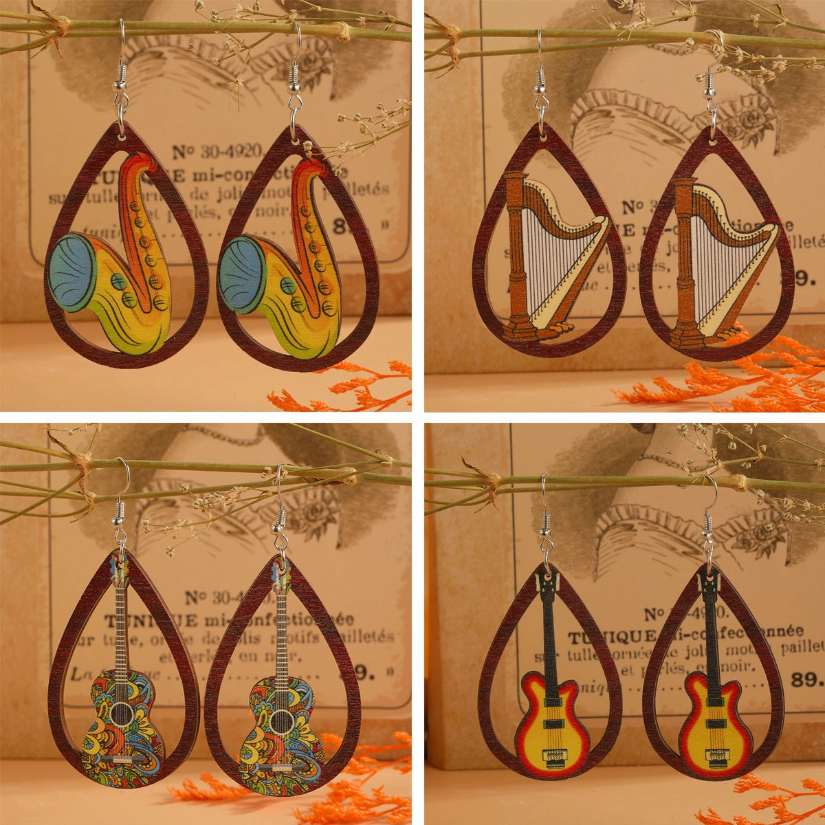 Wholesale Water Drop Cutout Guitar Harp Accordion Print Wooden Earrings