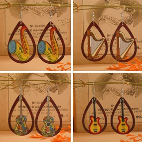 Wholesale Water Drop Cutout Guitar Harp Accordion Print Wooden Earrings
