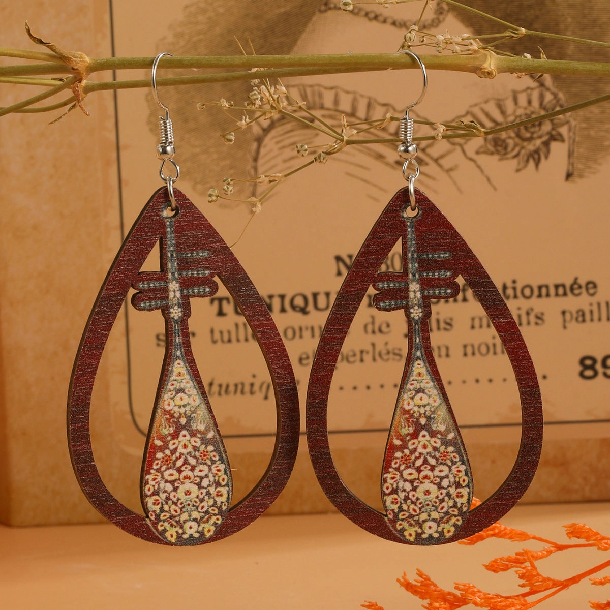 Wholesale Water Drop Cutout Guitar Harp Accordion Print Wooden Earrings