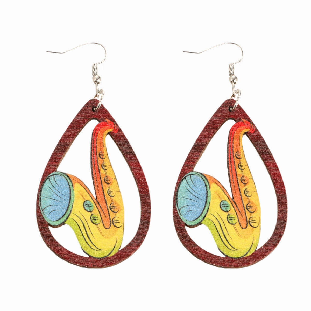 Wholesale Water Drop Cutout Guitar Harp Accordion Print Wooden Earrings