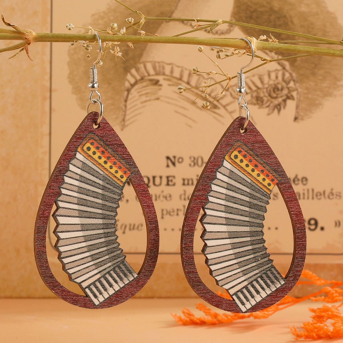 Wholesale Water Drop Cutout Guitar Harp Accordion Print Wooden Earrings