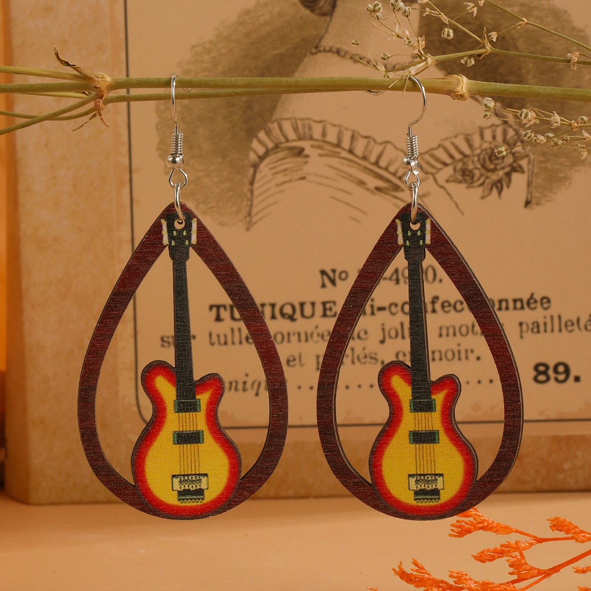 Wholesale Water Drop Cutout Guitar Harp Accordion Print Wooden Earrings