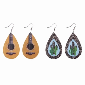 Wholesale Water Drop Guitar Leopard Cactus Leather Earrings