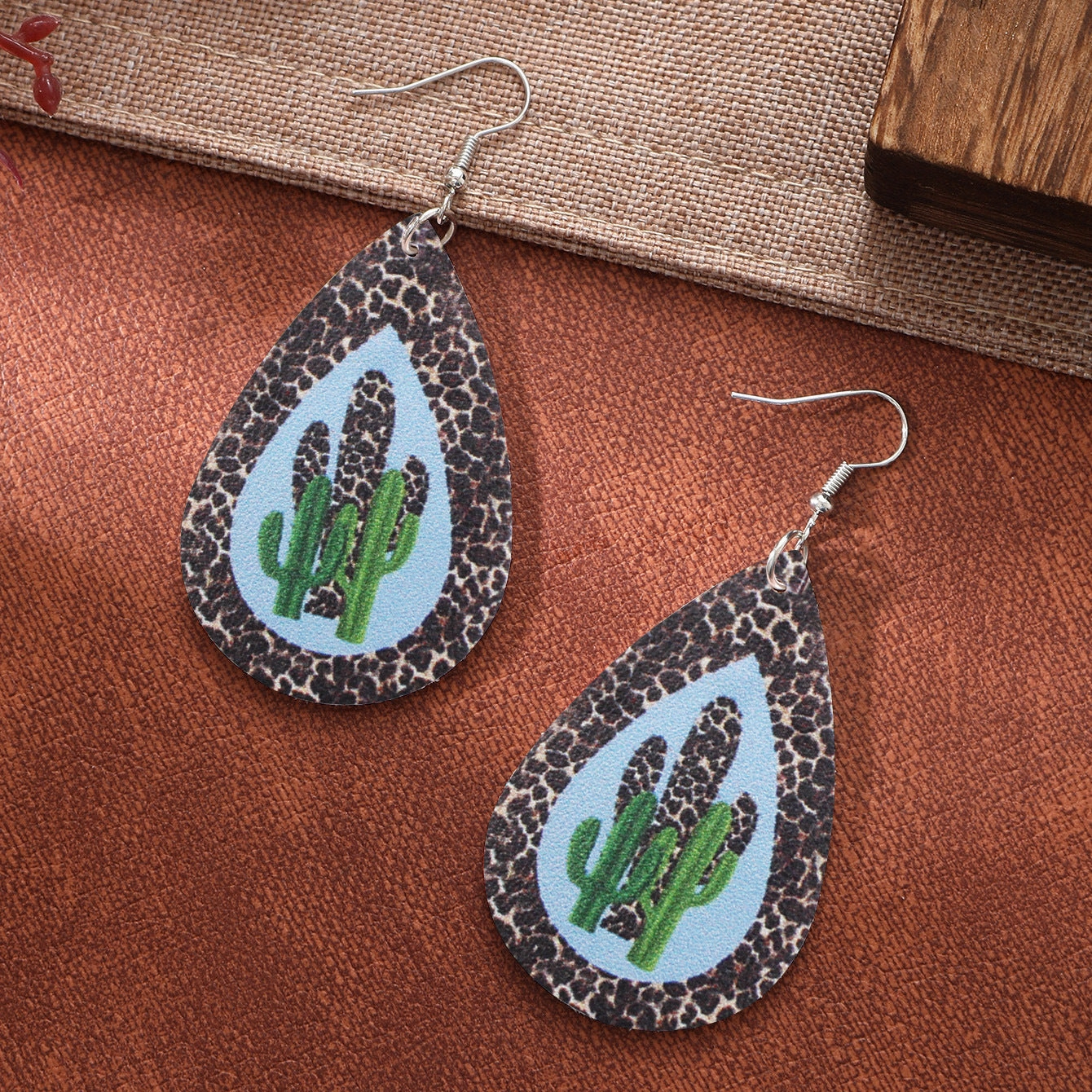Wholesale Water Drop Guitar Leopard Cactus Leather Earrings