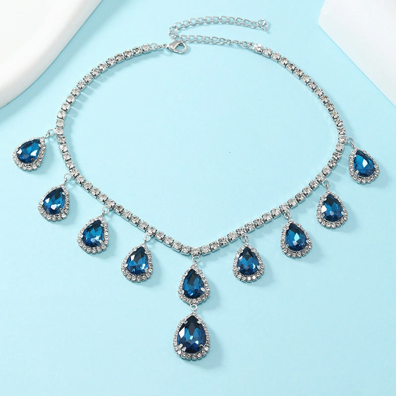 Wholesale Water Drop Micropaved Blue Earrings and Necklace Set