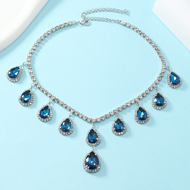 Wholesale Water Drop Micropaved Blue Earrings and Necklace Set
