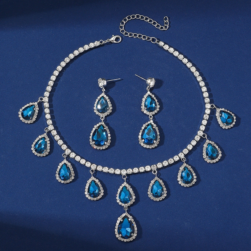 Wholesale Water Drop Micropaved Blue Earrings and Necklace Set