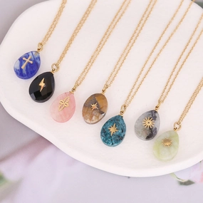 Wholesale Water Drop Natural Stone Pendant Stainless Steel Cross Necklaces