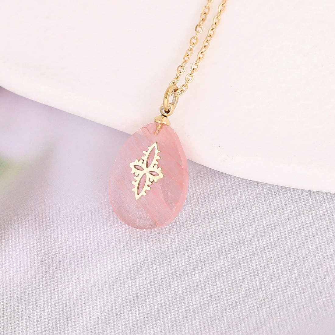 Wholesale Water Drop Natural Stone Pendant Stainless Steel Cross Necklaces