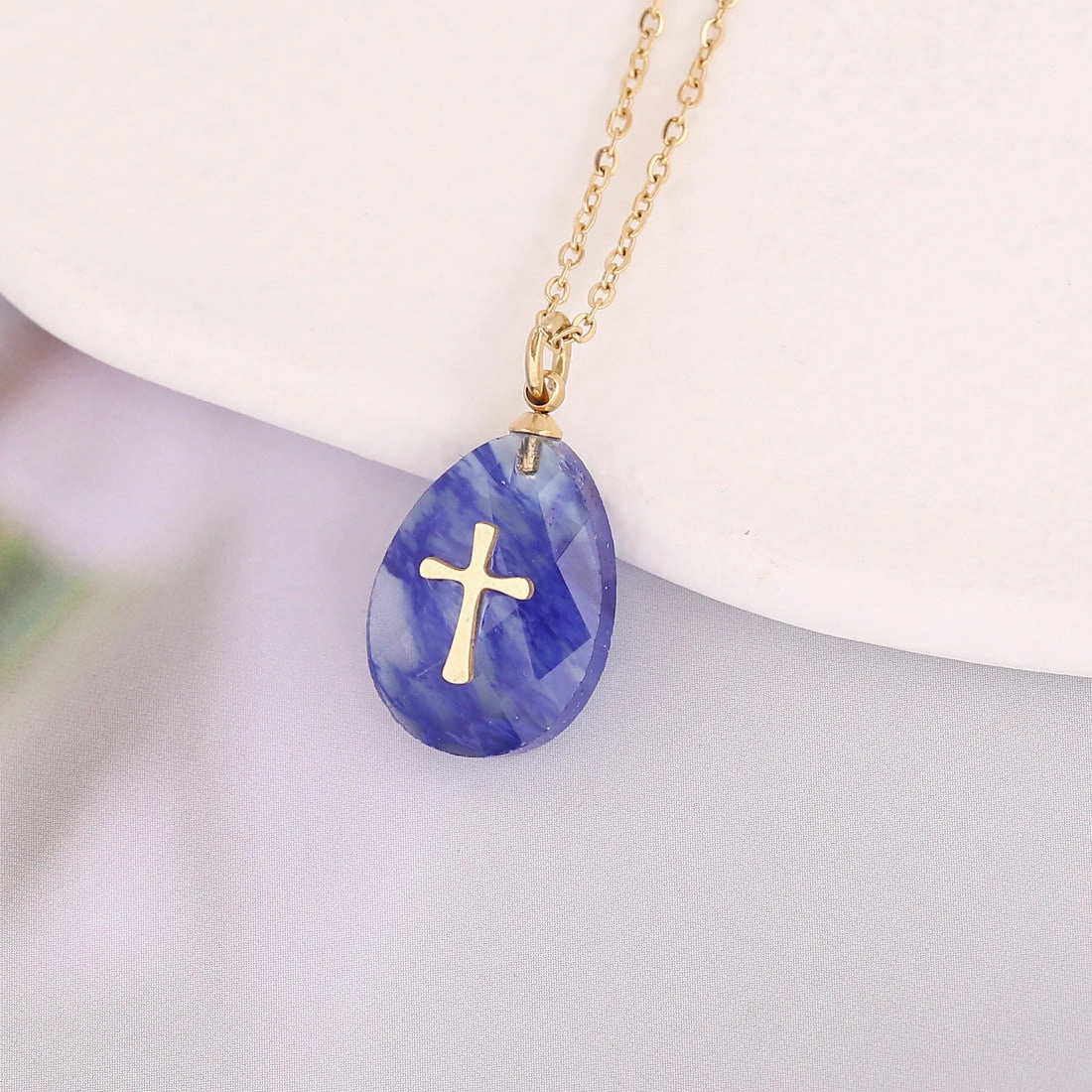 Wholesale Water Drop Natural Stone Pendant Stainless Steel Cross Necklaces