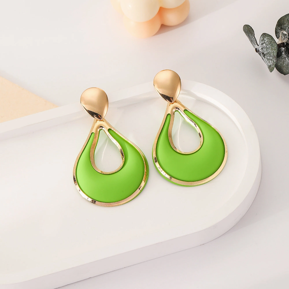 Wholesale Waterdrop Spray Paint Green Hollow Metal Earrings
