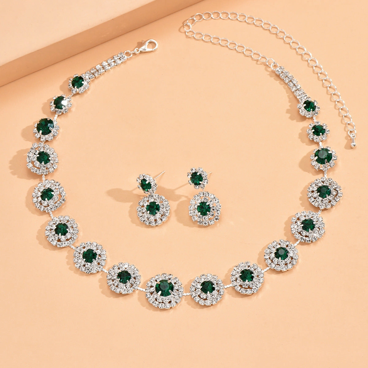 Wholesale Wedding Party Round Rhinestone Necklace Stud Earrings Jewelry Set