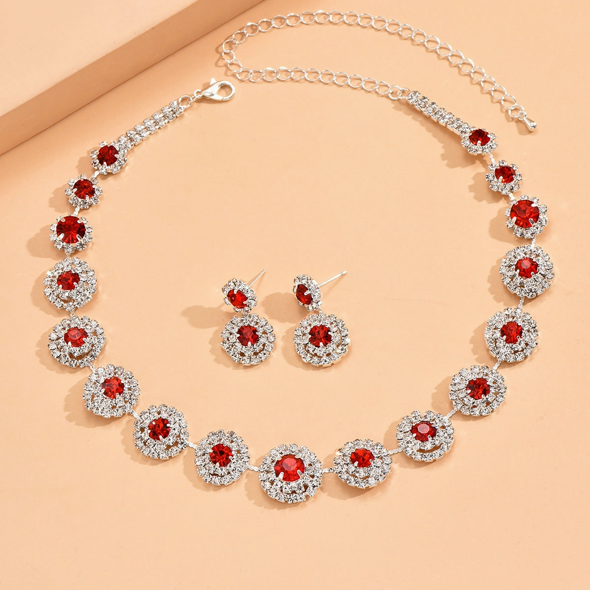 Wholesale Wedding Party Round Rhinestone Necklace Stud Earrings Jewelry Set