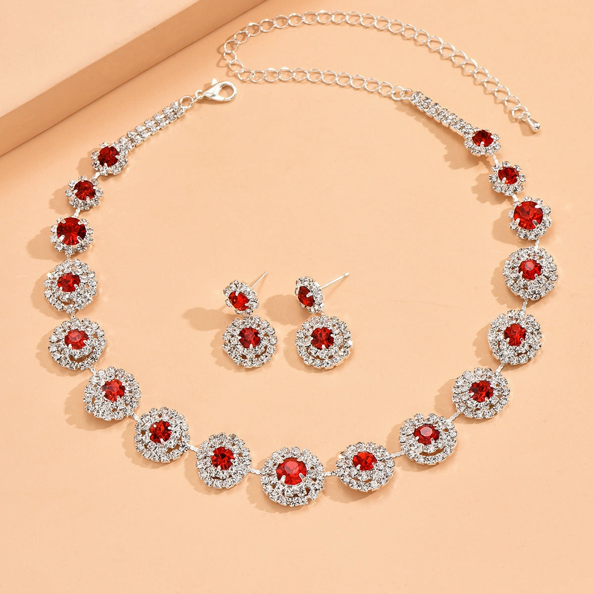Wholesale Wedding Party Round Rhinestone Necklace Stud Earrings Jewelry Set
