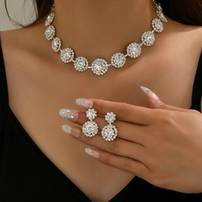 Wholesale Wedding Party Round Rhinestone Necklace Stud Earrings Jewelry Set