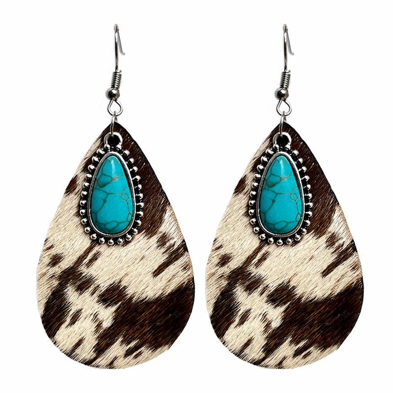 Wholesale Western Animal Pattern Cowhide Turquoise Metal Earrings