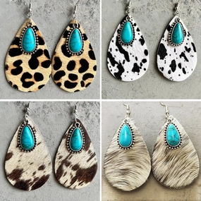 Wholesale Western Animal Pattern Cowhide Turquoise Metal Earrings