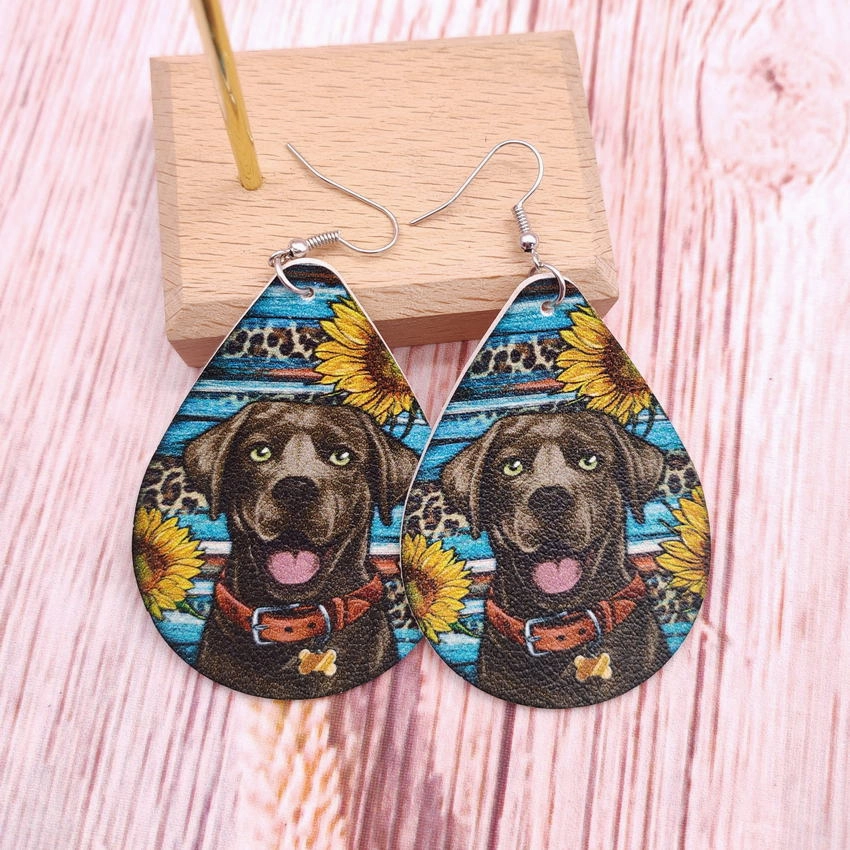 Wholesale Western Aztec Leopard Sunflower Labrador Leather Drop Earrings