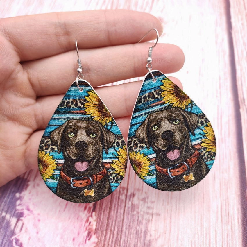 Wholesale Western Aztec Leopard Sunflower Labrador Leather Drop Earrings