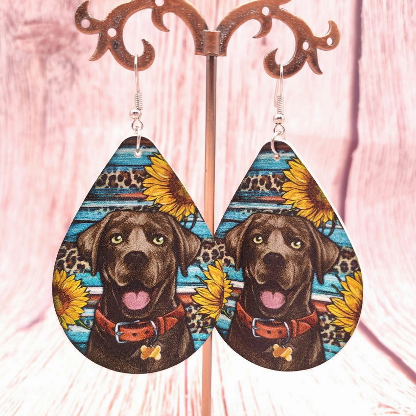 Wholesale Western Aztec Leopard Sunflower Labrador Leather Drop Earrings