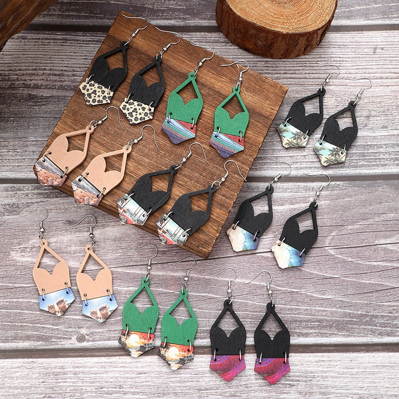 Wholesale Western Bikini Wooden Geometric Diamond Earrings