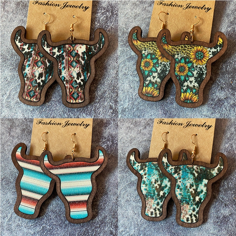 Wholesale Western Bull Head Inlaid Vintage Wood Earrings