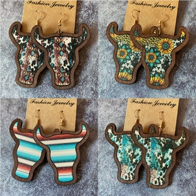 Wholesale Western Bull Head Inlaid Vintage Wood Earrings