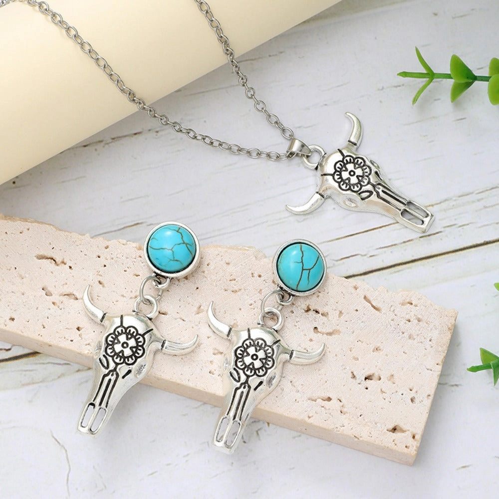 Wholesale Western Bull Head Skull Chain Alloy Earrings