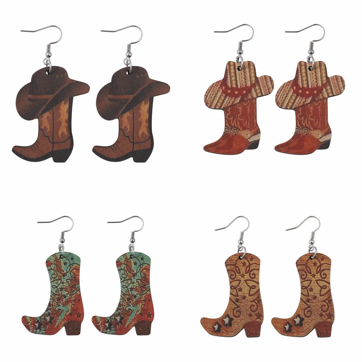 Wholesale Western Cowboy Boots Hat Pendant Double-Sided Printed Wooden Earrings