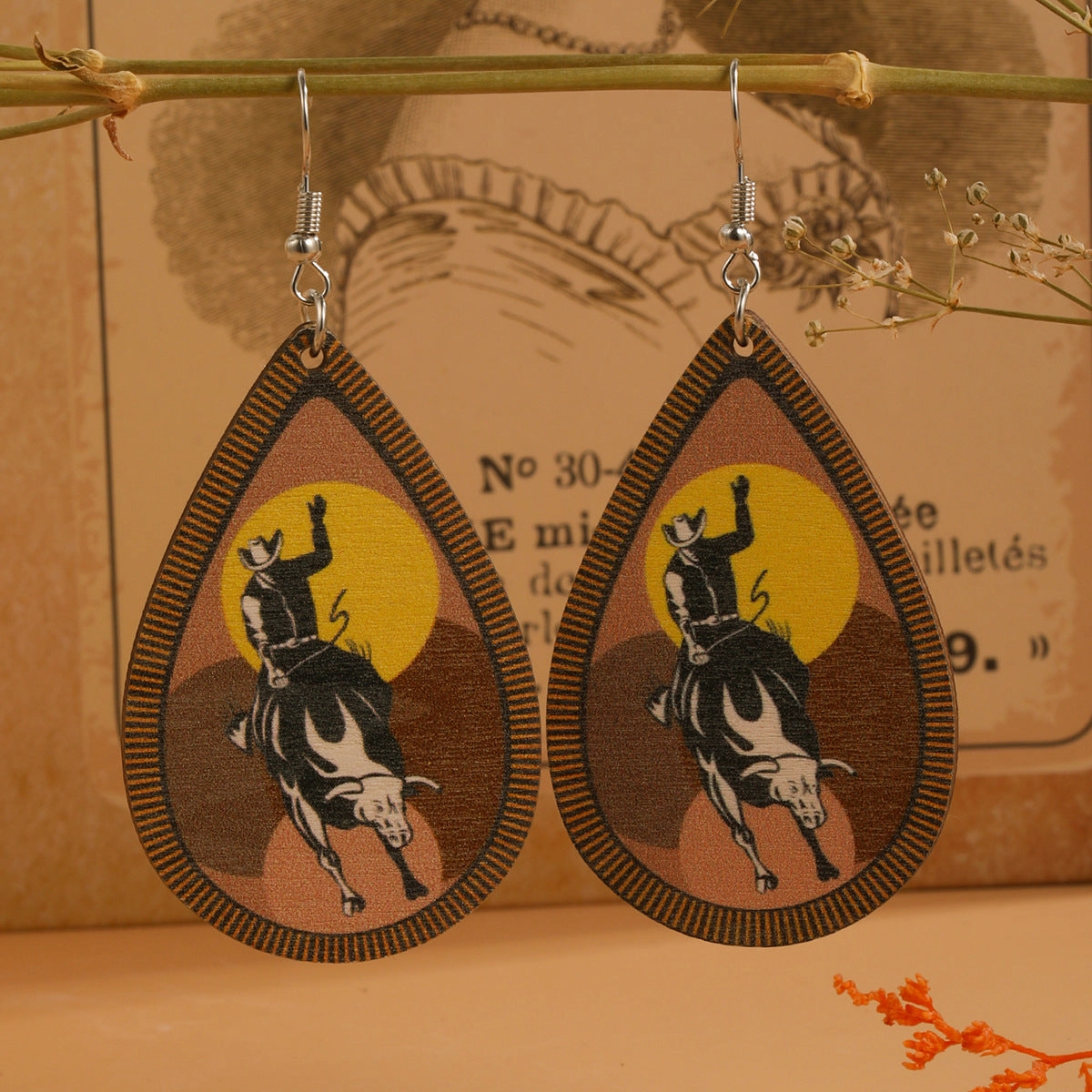 Wholesale Western Cowboy Boots Hat Teardrop Shape Wooden Earrings